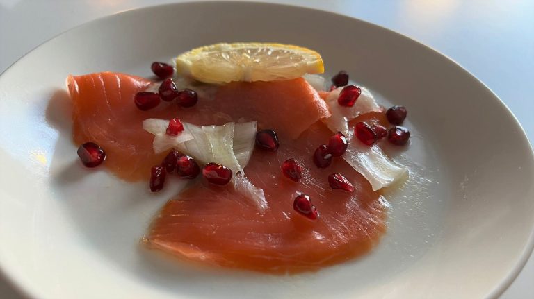 Smoked salmon carpaccio with fennel and orange juice