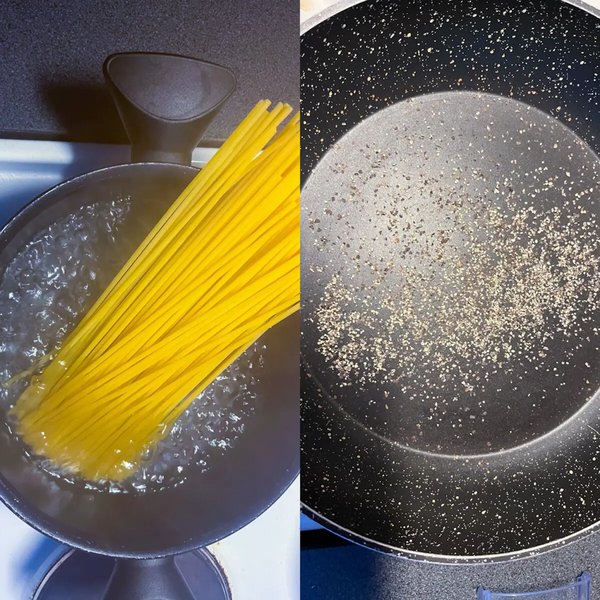 boiling pasta & toasting pepper for bucatini cacio e pepe