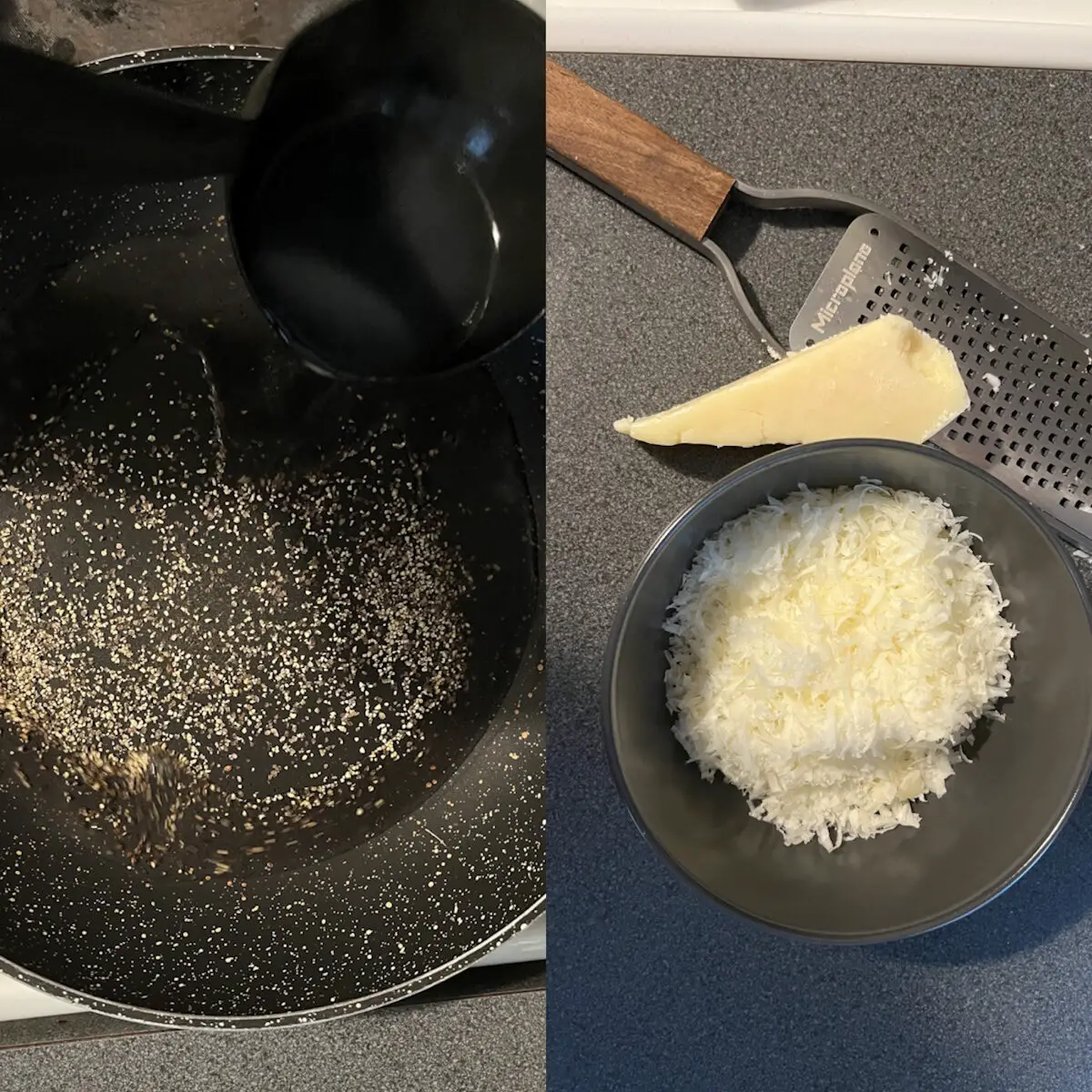 grate pecorino cheese and pour water in the pan when pepper is toasting